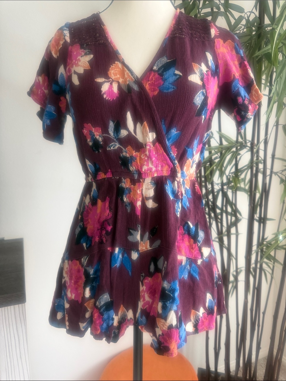 Xhilaration Plum Floral Wrap-Style Midi Romper